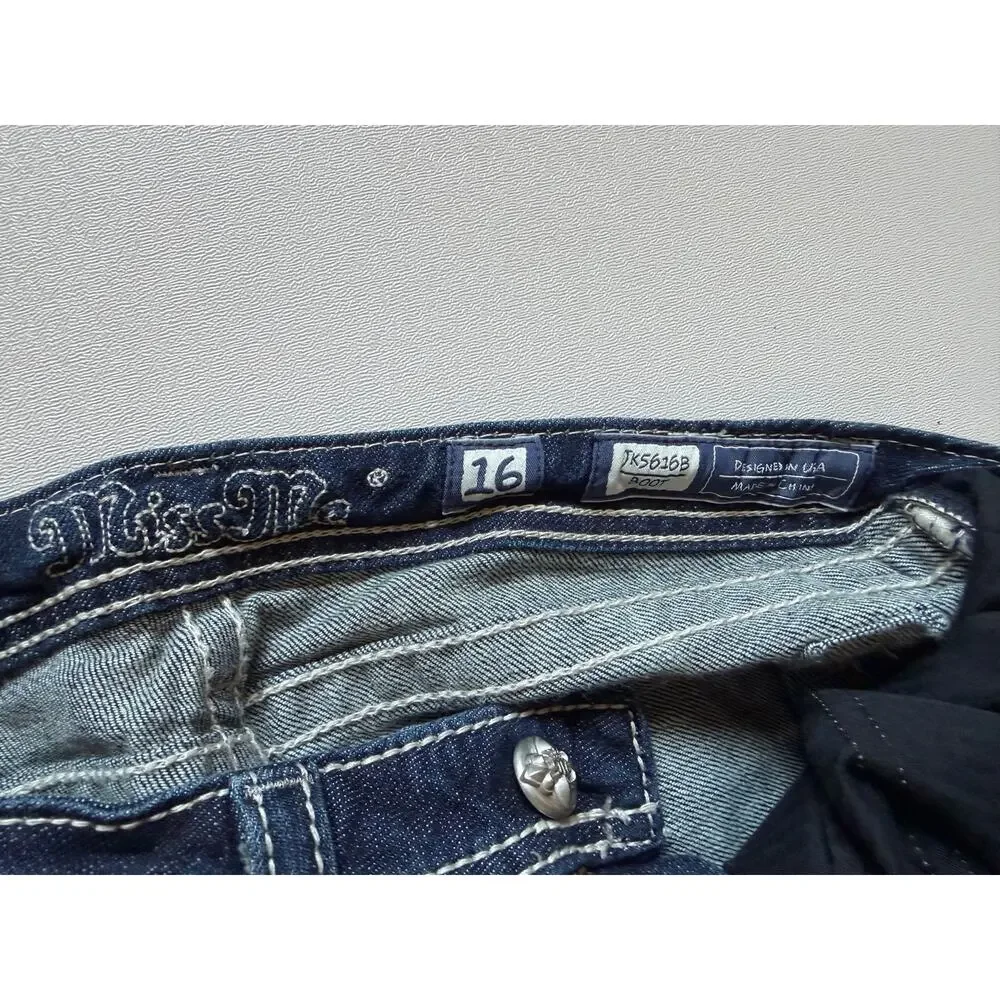 Miss Me Dark Blue Mid-Rise Angel Wing Flap Pocket Bootcut Jeans 16 Girls'/Youth